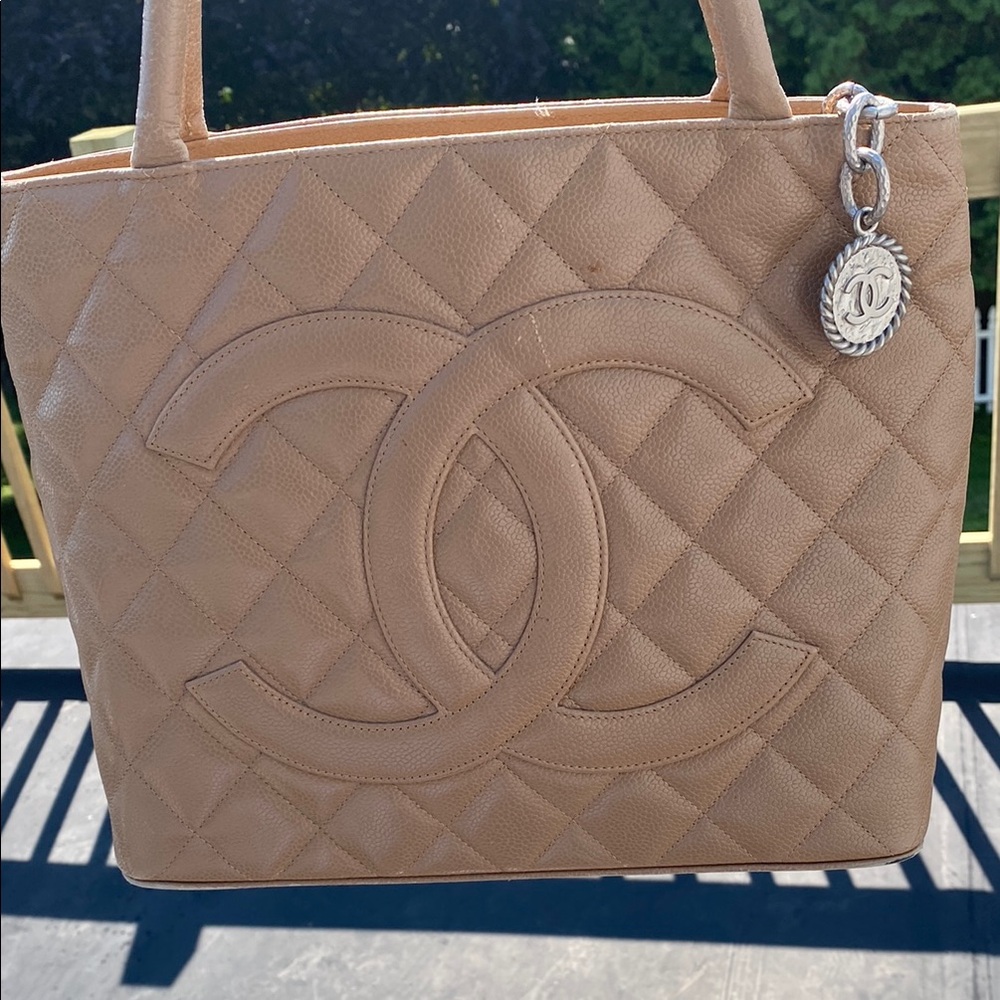 Chanel Tan Silver Quilted Shoulder Bag with Chain